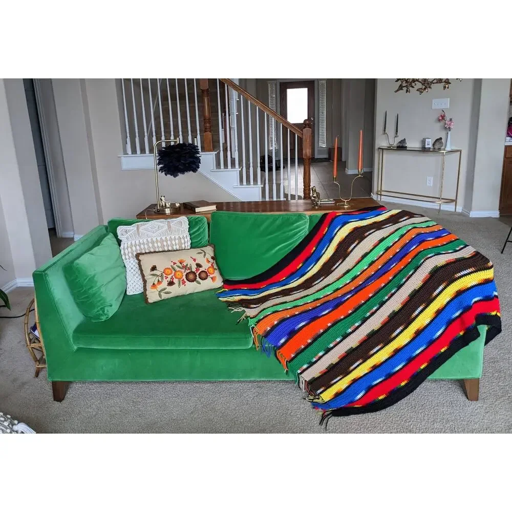 vintage 70s RAINBOW STRIPED Fringe Trim AFGHAN knit handmade blanket colorful